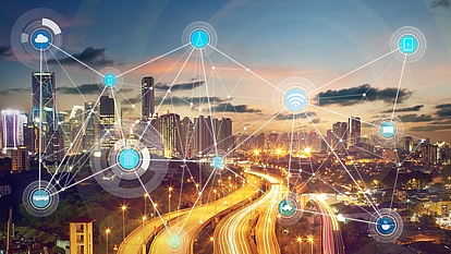 City network with radio icons representing spectrum regulation and frequency management for authorities.