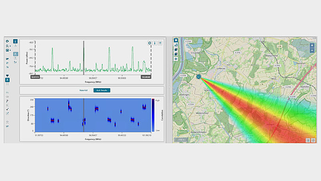 Multi-channel direction finding mode with LoB map view The left side of the screen shows the power vs frequency chart with a linked direction vs frequency chart, showing the directions for multiple channels in parallel. One channel is selected and its DF result in form of a line of bearing (color coded as heatmap) is shown on the map on the right side of the screen.