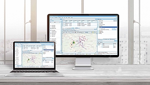 Desktop and laptop screens displaying CHIRplus_TC software interface for planning fixed links, 5G, IoT, and smart grid networks.