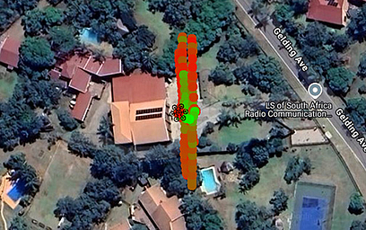Satellite map with an overlaid heatmap showing the received signal strength from an airborne drive test in different colors. Green indicates the highest signal level, meaning a Starlink usage was detected at this location.