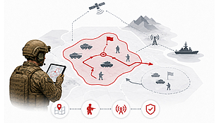 Maneuver Mission Planning A soldier plans coordinated troop and vehicle movements using location data and communication links across a military area of operations.
