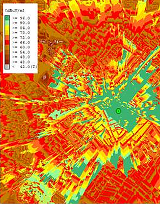 Color-coded radio coverage heatmap showing signal strength distribution across a geographic area, representing LS telcom’s expertise in coverage analysis and network optimization.